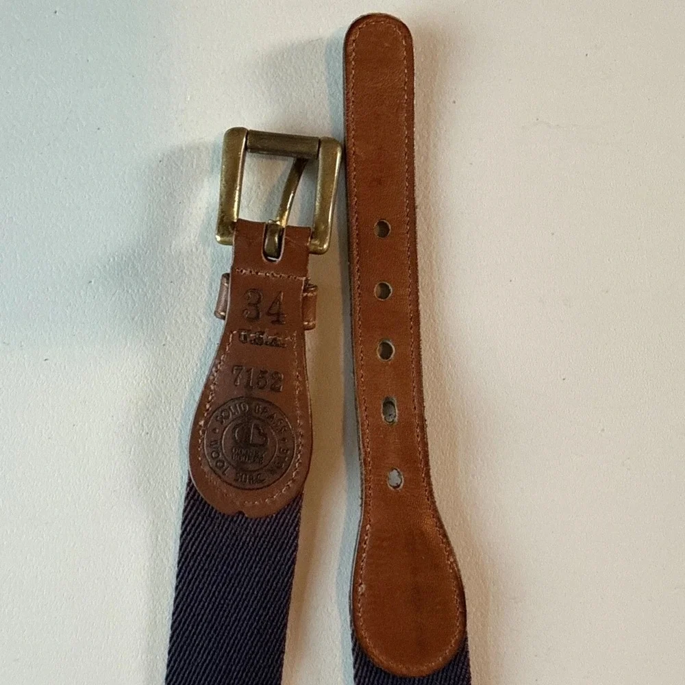 Dooney & Bourke Sz 34 Navy Striped Wool Leather Brass Surcingle Belt Preppy USA